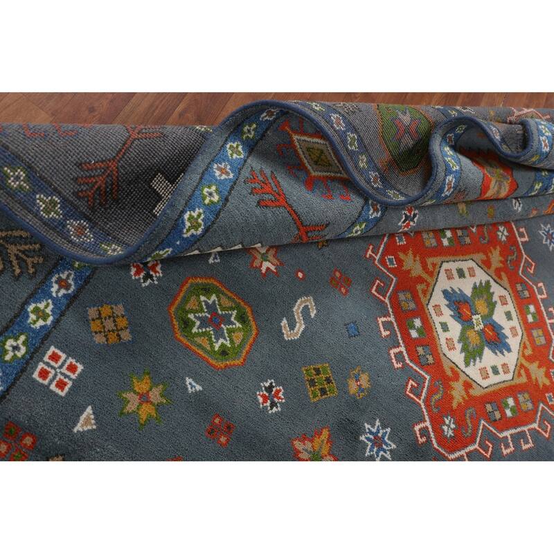 Blue Geometric Kazak Oriental Area Rug Hand-Knotted Wool Carpet - 9'3" x 11'7"