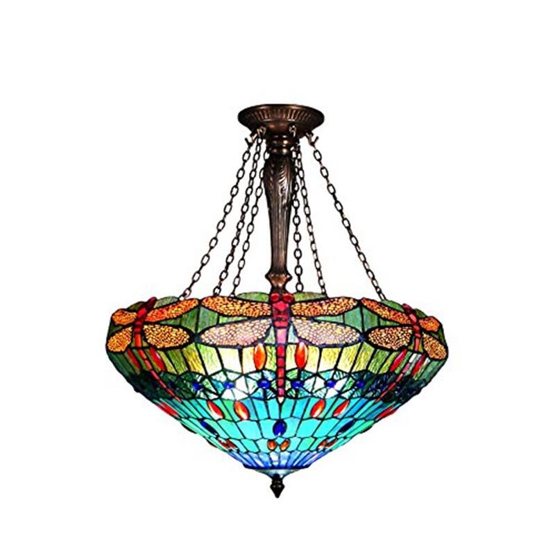 Dragonfly Pendant Light - Copper Foiled Glass Ceiling Fixture - 24 Inch Elegant Home Decor - 26