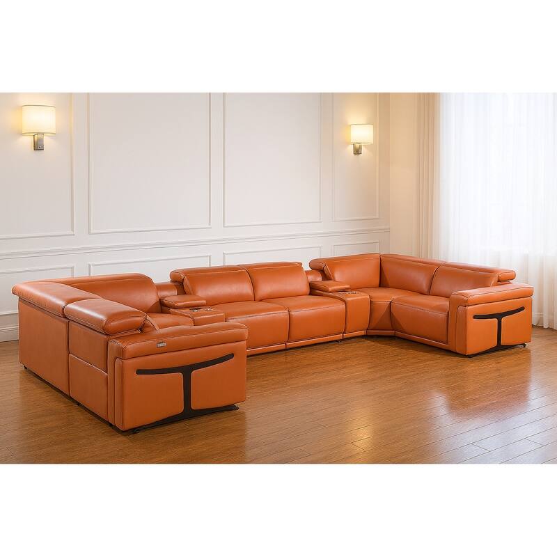 HomeRoots Camel Italian Leather Power Reclining U Shaped Eight Piece Sectional With Console - Symmetrical - Camel