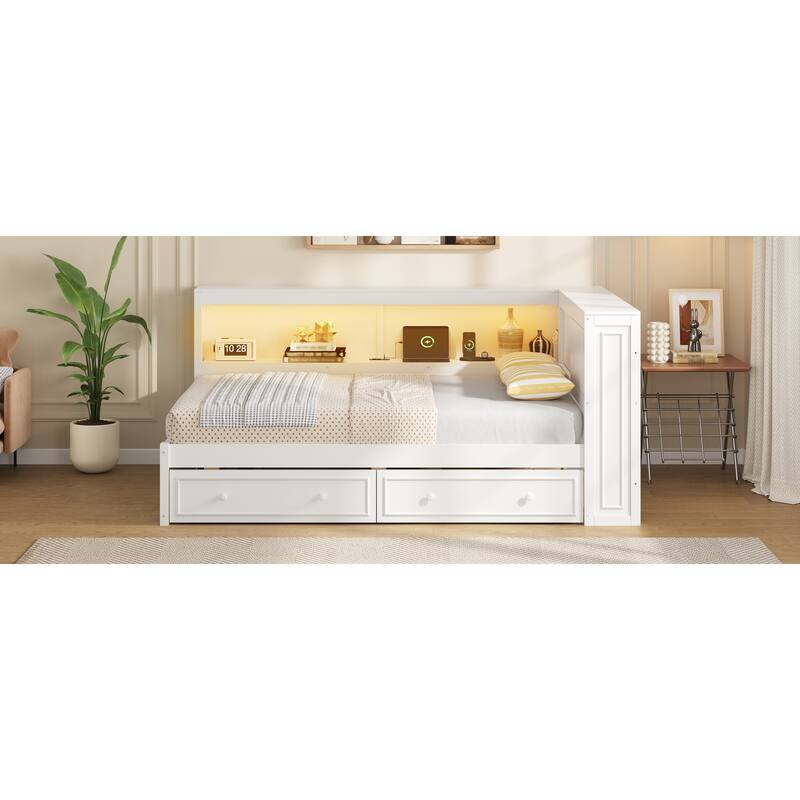 Full Size Wood Daybed with Storage Shelves, USB, LED, and 2 Drawers