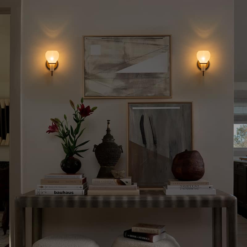 Modern Gold Vanity Light with Clouded Glass Bulb-Vase Shades Bathroom