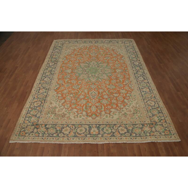 Hand Knotted Oriental 100% Wool Carpet Traditional Floral Oranges & Rust Tabriz Area Rug - 11' 1'' X 8' 1''