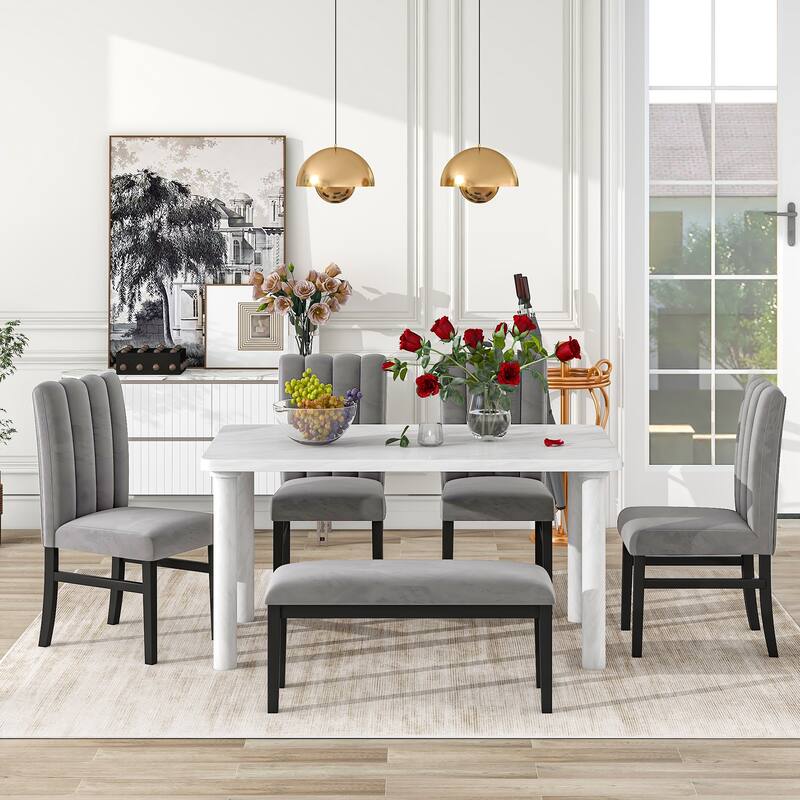 6Piece Dining Table Set with Marble Veneer Table and 4 Flannelette