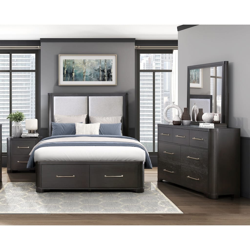 4pc Bedroom Furniture Platform Bed Nightstand Dresser Mirror Set Charcoal Finish