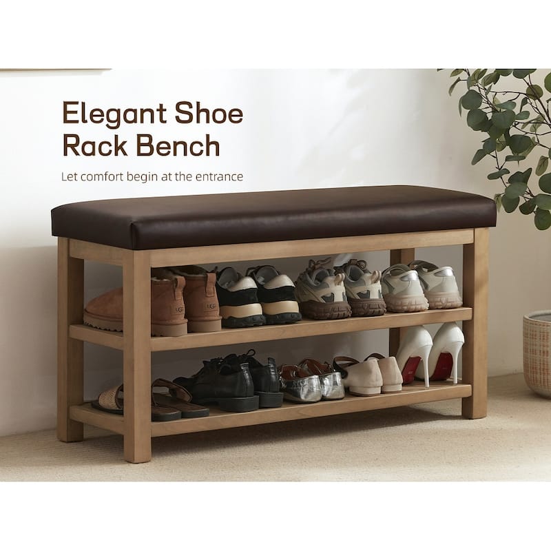 HUIMO Multi-Functional Solid Wood Bench with Storage Shelves 46in/39in/31in