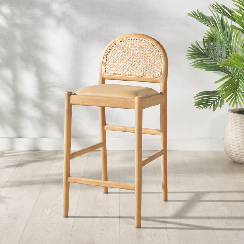 SAFAVIEH Couture Laylie Rattan And Leather 26-inch Counter Stool - 16"W x 20"D x 37"H - Brown/Natural