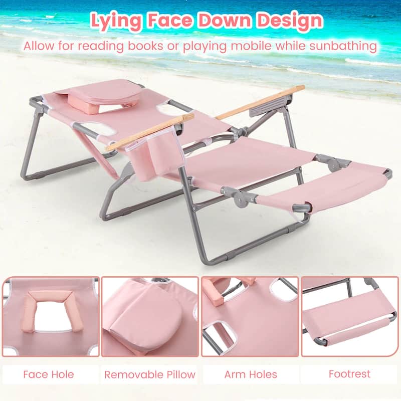 Costway 1/2 PCS 3-IN-1 Foldable Beach Chair with Face Hole, Footrest,
