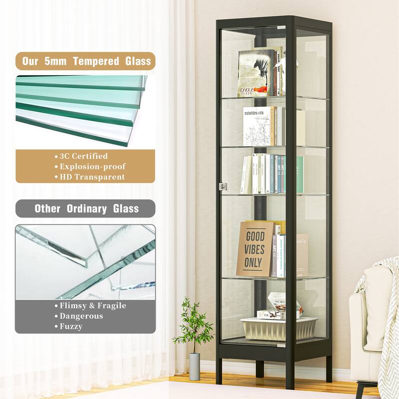5-Tier Tempered Glass Curio Display Cabinet with Adjustable Shelves - 63"H x 15.4"W x 15.8"D
