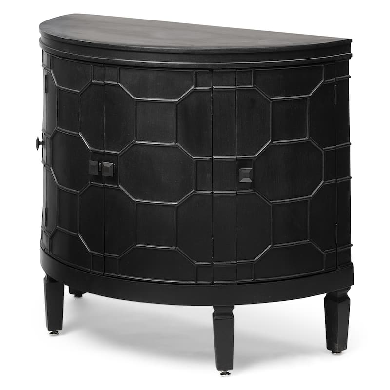 HomeRoots 39" Black Wood Demilune Carved Geometric Accent Cabinet With Four Doors