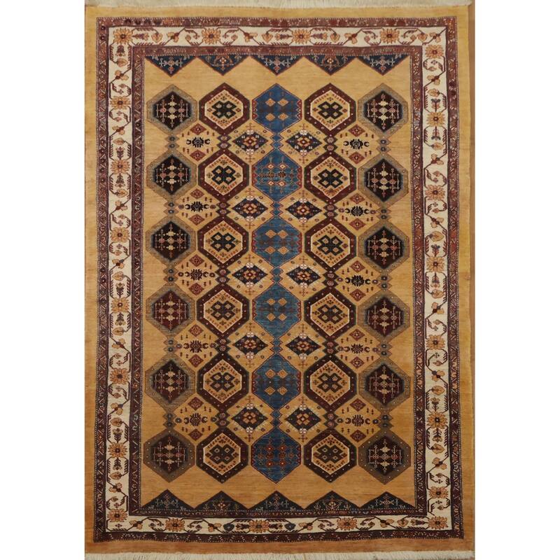 Hand Knotted Oriental 100% Wool Carpet Traditional Tribal Yellow & Gold Shiraz Area Rug - 8' 3'' X 5' 9''