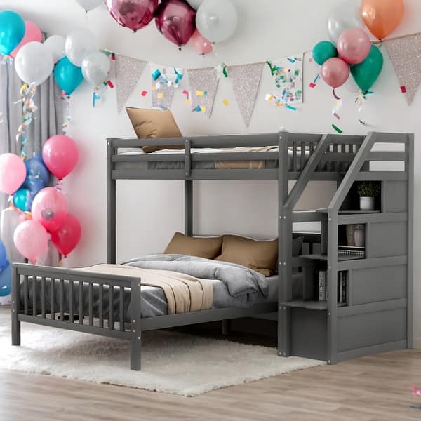 slide 2 of 15, Modern Twin Over Full Loft Bed With Staircase,High Guardrails And Ladder Handrails,For Bedroom For Kids Grey