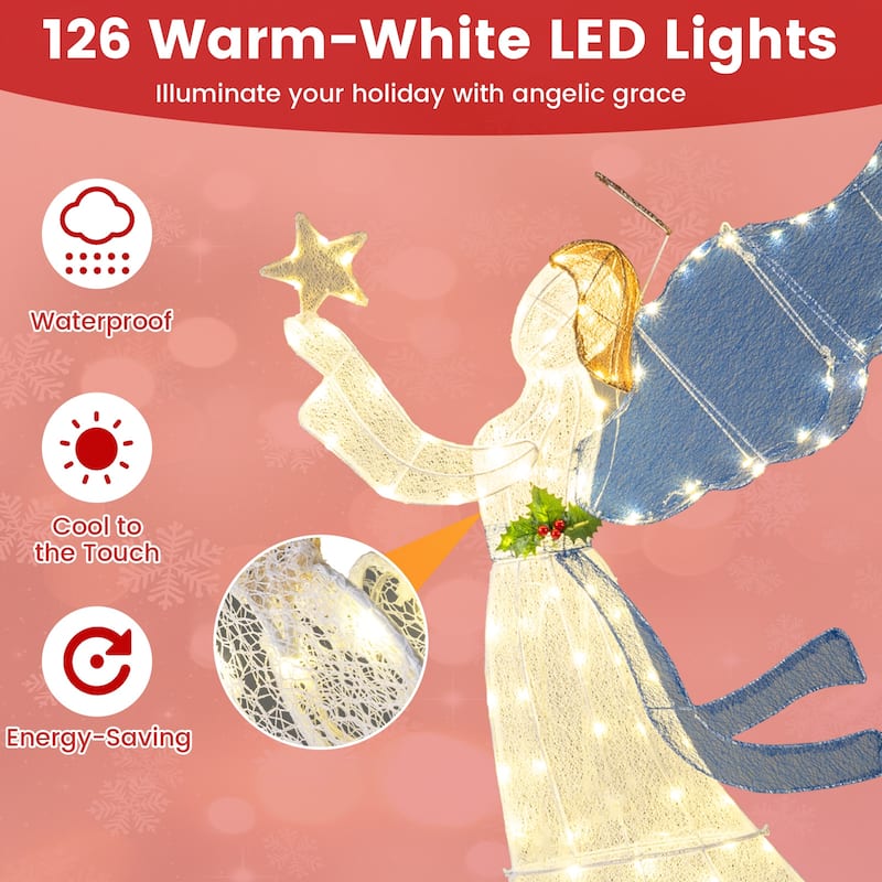 Gymax 5 Ft Outdoor Lighted Christmas Angel w/ Star Halo Spreading