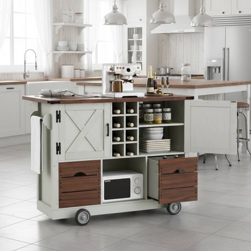 54"Kitchen Island Rolling Kitchen Island on 4 Wheels w/Foldable Wood Tabletop, Power Outlet Kitchen Storage Cart for Dining Room