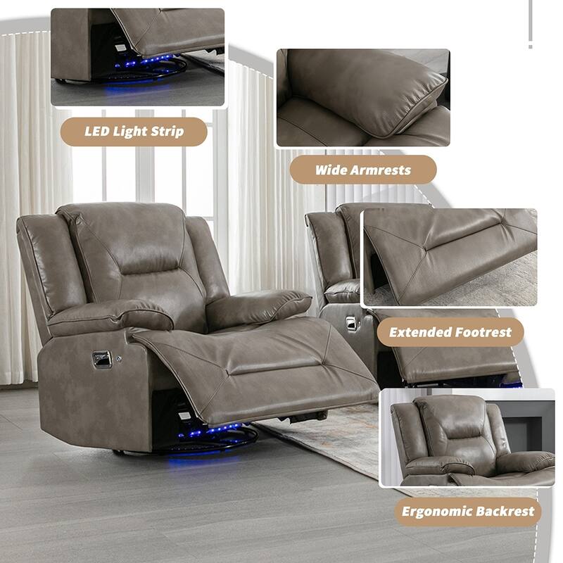 360° Swivel Rocker Recliner with LED Lights, Manual Media Chair