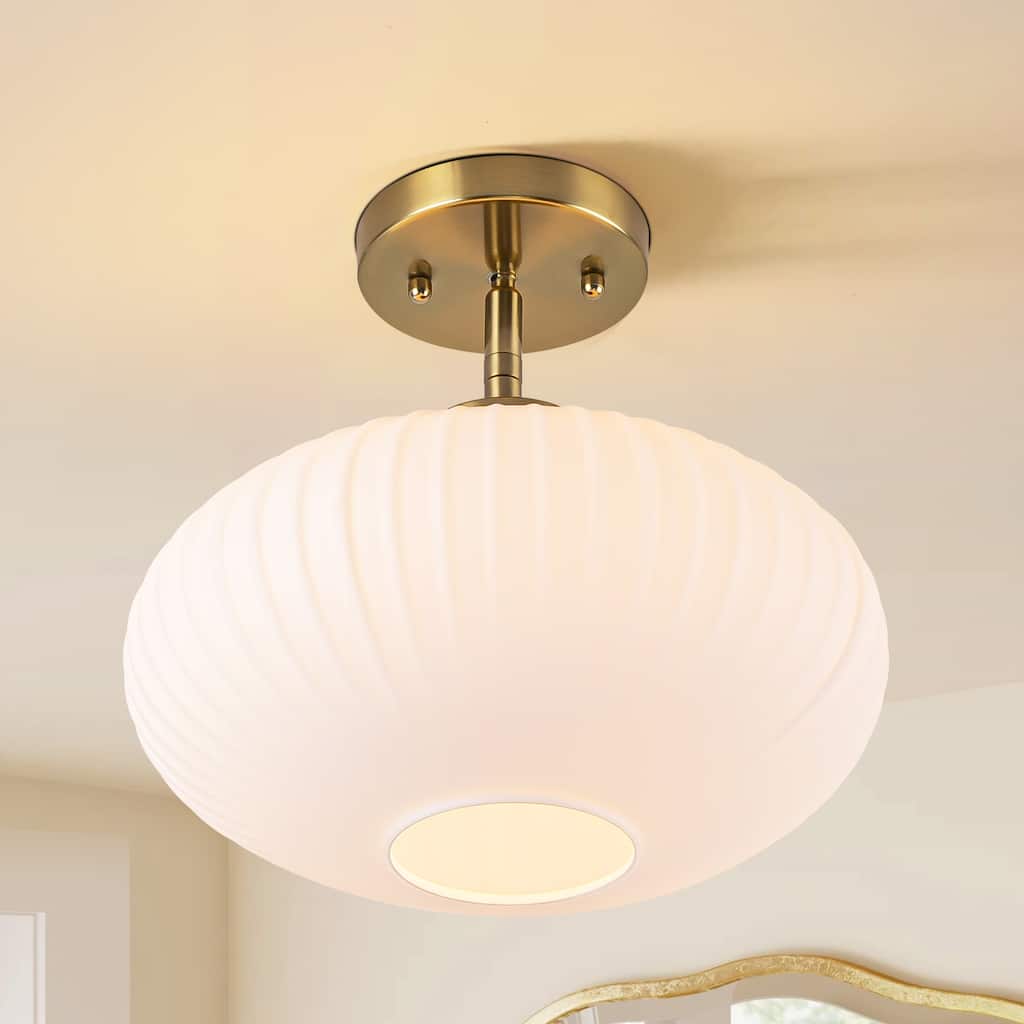 1-Light Vintage Brass Glass Semi Flush Mount Ceiling Light for Entryway