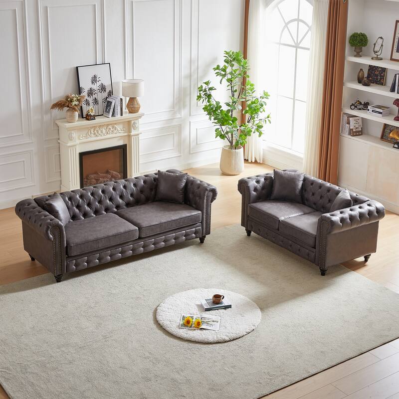 Chesterfield Style Sofa Set - 3+2 Seats, Tech Fabric - Grey
