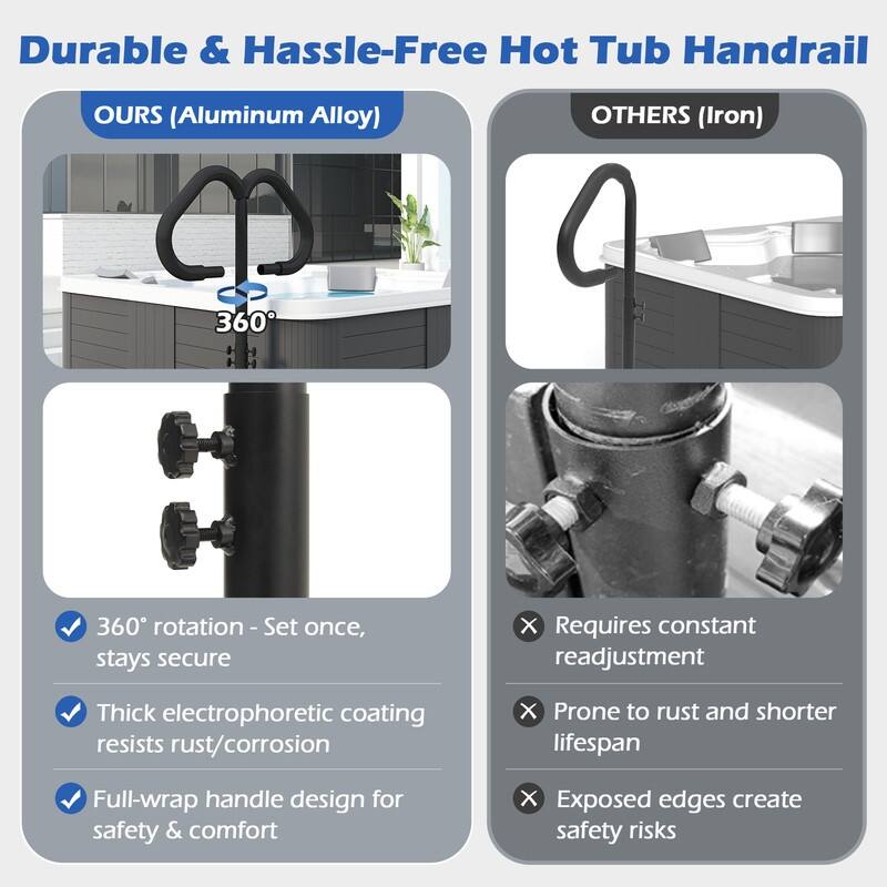 Domi Hot Tub Handrail, Aluminum Spa Hand Rail with 44"-60" Adjustable Height & 360° Swivel, Safety Side Handrails