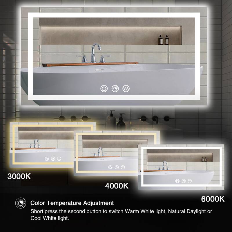 FTL Large LED Bathroom Vanity Mirror Wall Mounted Dimmable Anti-fog,Frameless,3-Color - 32×24in