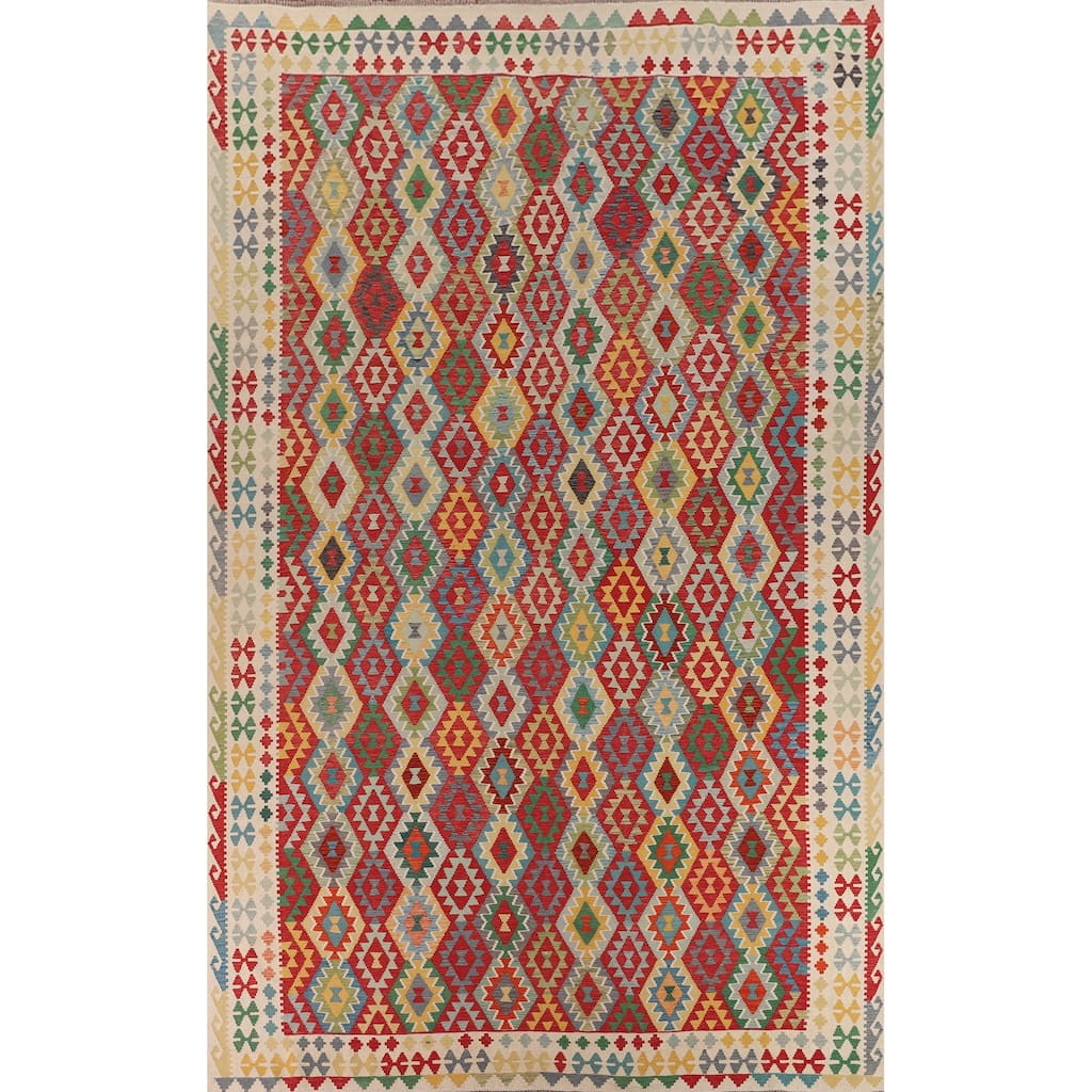 Geometric Multicolor Kilim Oriental Large Rug Flatweave Wool Carpet - 10'1"x 16'4"