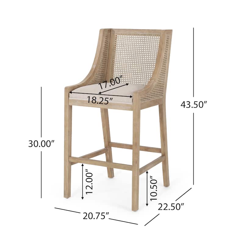French Country Breck Upholstered Barstools with Cane Backrest (Set of 2) - 30-inch Seat Height by Christopher Knight Home