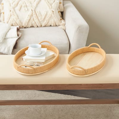 Brown Wood Handmade Living Room Decor Tray with Wood Base (Set of 2)