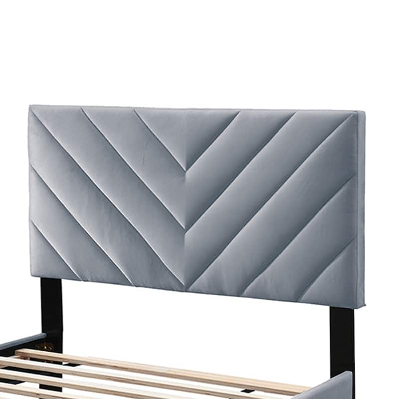 Velvet Upholstered Adjustable Headboard Full Bed with V-stitching Design