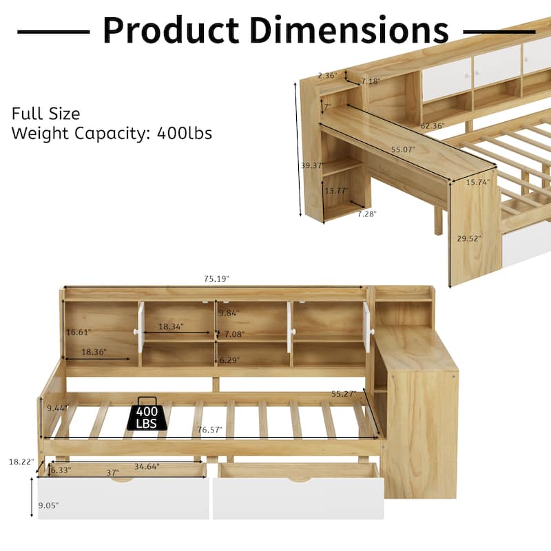 Full Size L-Shaped Daybed with Desk, Bookshelf, Cabinets & Drawers, Multi-Functional Wood Bed with Storage for Kids or Teens