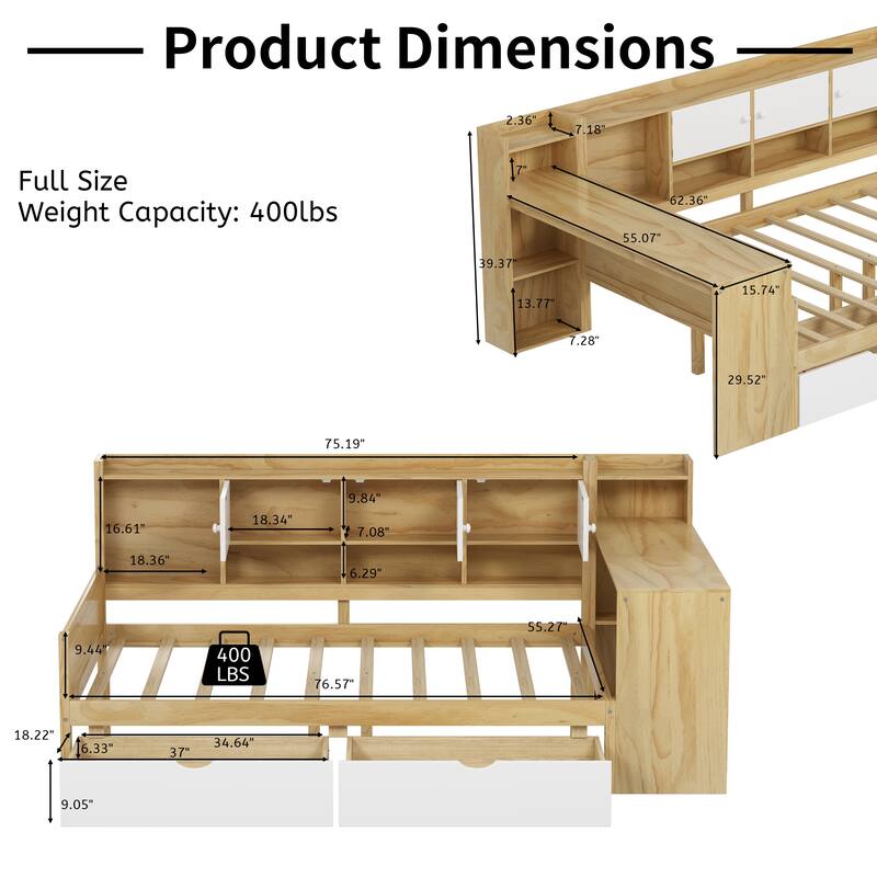 L-Shape Storage Headboard Daybed Sofa Bed, Wooden Panel Bed Frame with Study Desk and 2 Storage Drawers
