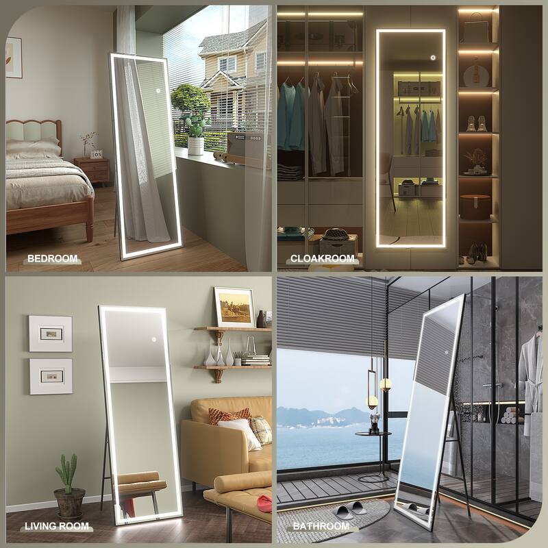 KIOTEE Aluminum Alloy Frame Led Lighted Tempered Glass Full Length Mirror With 3 Color Temperature & Brightness Adjustment