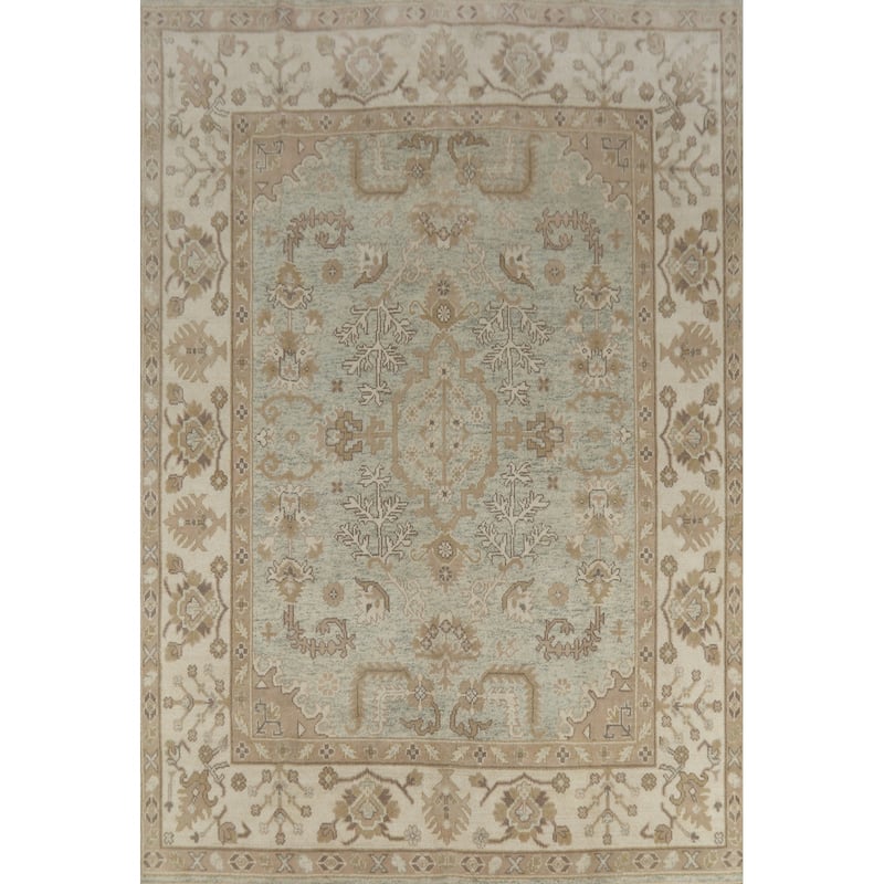 Aqua Light Blue Oushak Indian Area Rug Hand-Knotted Wool Carpet - 8'0" x 9'11"