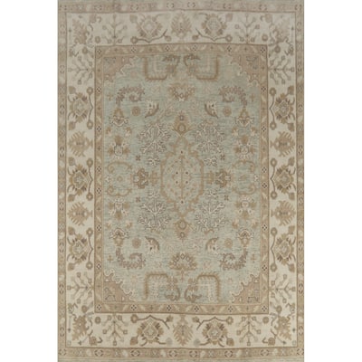 Aqua Light Blue Oushak Indian Area Rug Hand-Knotted Wool Carpet - 8'0" x 9'11"