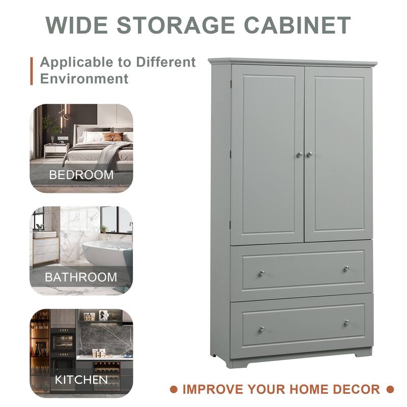 Wood Frame Freestanding Storage Cabinet with Adjustable Shelf and Drawers