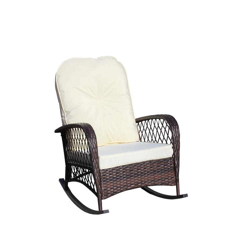 Outdoor Wicker Rocking Chair with Wide Seat, Thick, Soft Cushion, Rattan Rocker w/Steel Frame, High Weight Capacity