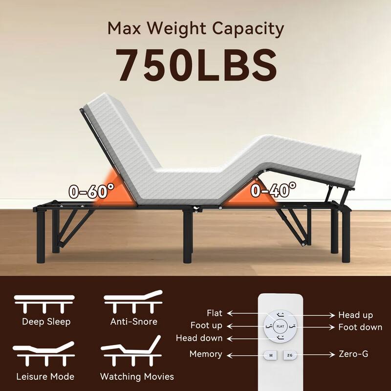 Adjustable Bed Base Frame Head and Foot Incline Quiet Motor Queen Size Zero Gravity, Remote Control with ZG and Memory Keys