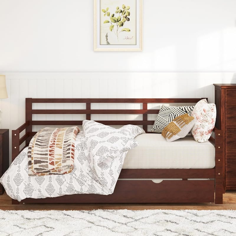 Twin Daybed with Trundle & Guardrails - Brown Pine Wood Bed Frame, 350lbs Capacity, Space-Saving for Guest/Kids Room