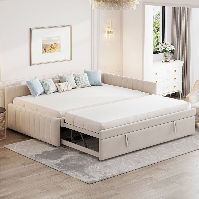 Upholstered Daybed with Twin Size Pop Up Trundle, Full Size Daybed Frame Sofa Bed with L-Shaped Backrest and Striped Design