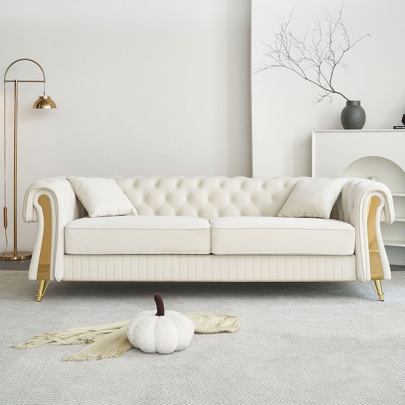 Living Room Chesterfield Velvet Sofa with Button Tufted Backrest, Vertical Stripe Design and Golden Metal Decorative - Beige
