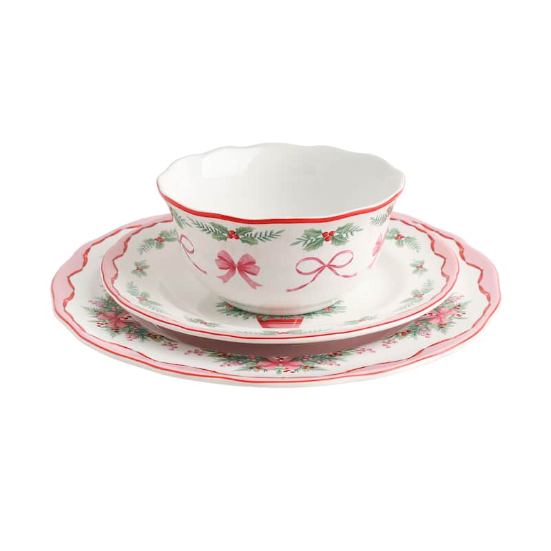 222 Fifth Pinkmas 12-Piece Porcelain Dinnerware Set for 4, White/Pink Christmas Ceramic Dishes