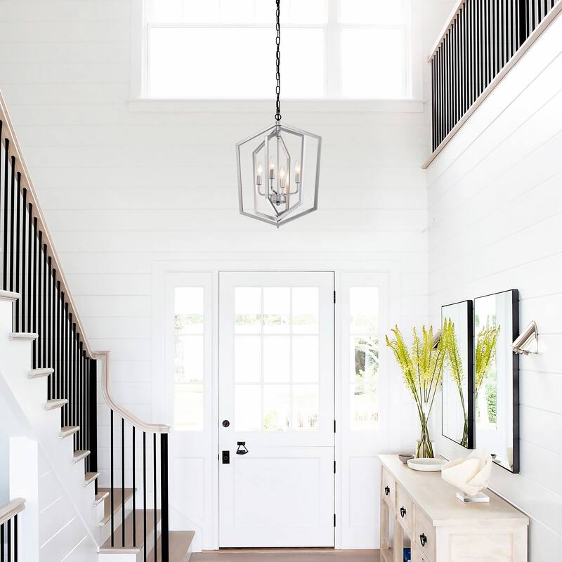 Anmytek 4-Light Farmhouse Cage Chandelier Black Silver Adjustable Height E12 Bulbs Not Included