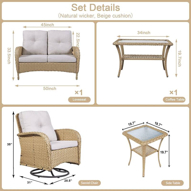 Gymojoy 5 PCS Outdoor Loveseat Sofa with Table and Swivel Rocker Chair Set