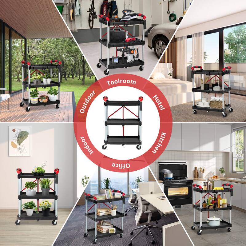 Portable Folding Service Cart, 3 Tier Folding Utility Cart
