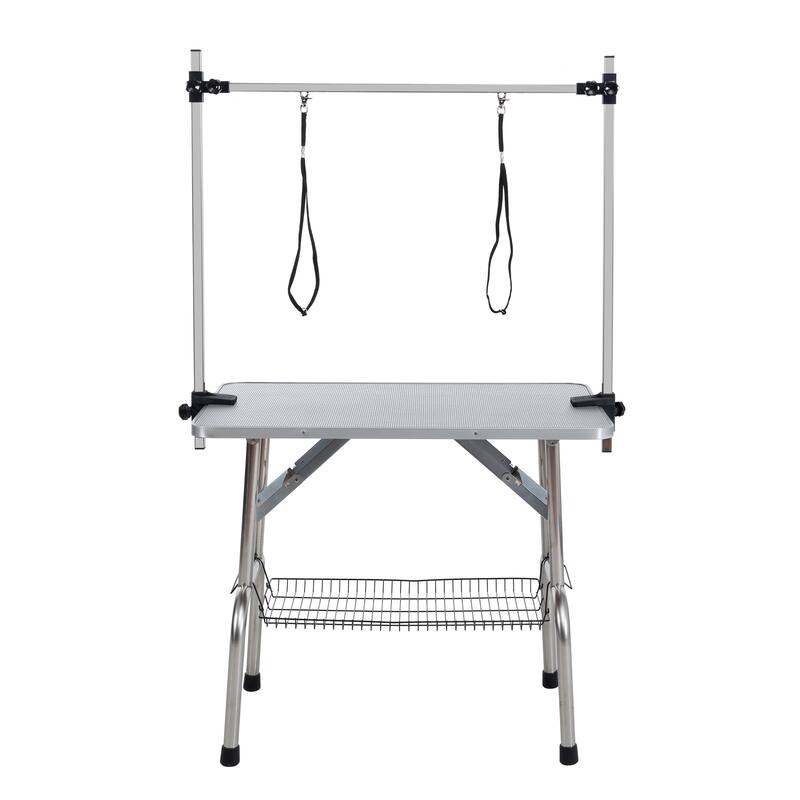 Folding Dog Pet Grooming Table, Stainless Steel Frame Rubber Mat on Board, with Adjustable Arm and Clamps pet dog