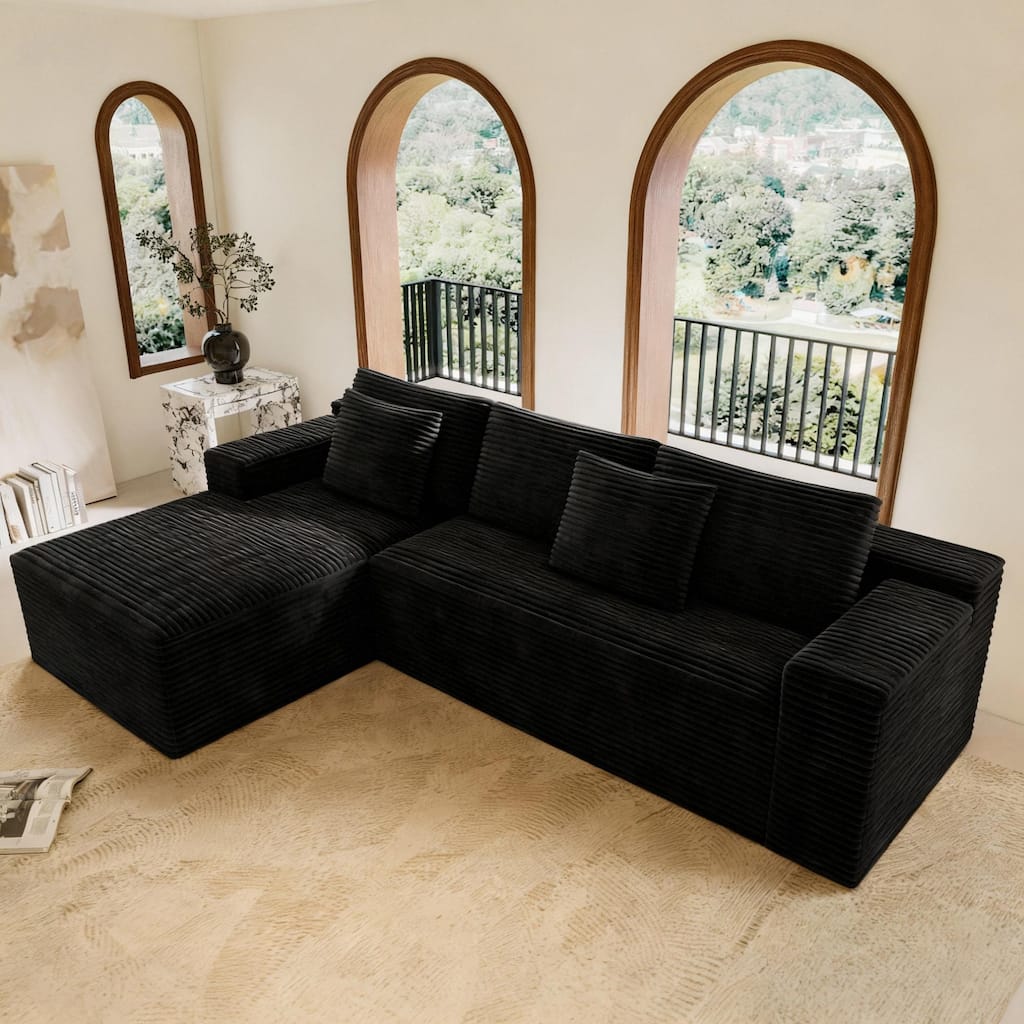 Modular Sectional Sofa with L-Shape Chaise Lounge, Corduroy Upholstered Cloud Couch, Full Compressed Corner Floor Sofa