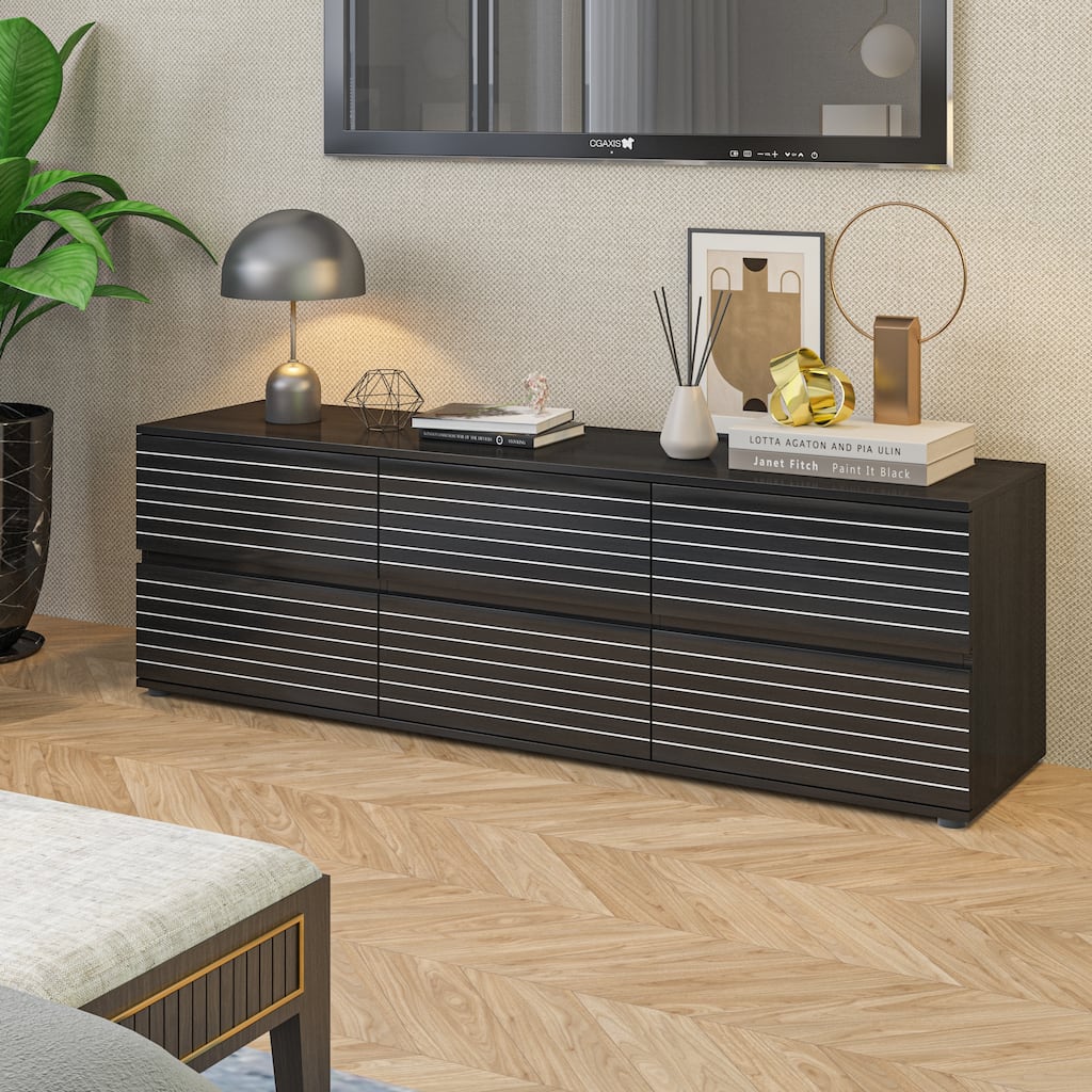 Elegant Storage Dresser/TV Stand with Six Drawers Black & White Chest - 63"