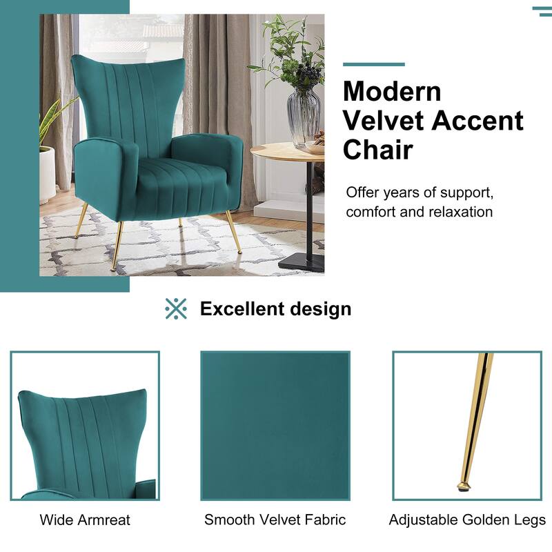 Velvet Stripe Wingback Accent Chair with Metal Legs for Living Room