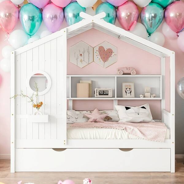 slide 2 of 16, Modern Twin Size Wooden House Bed With Trundle With Storage Shlef For Kids White