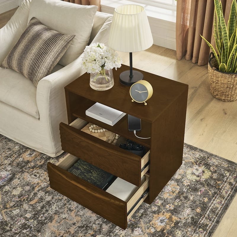 Nightstand with Charging Station and 2 Solid Wood Drawers - Walnut Brown - 2-drawer