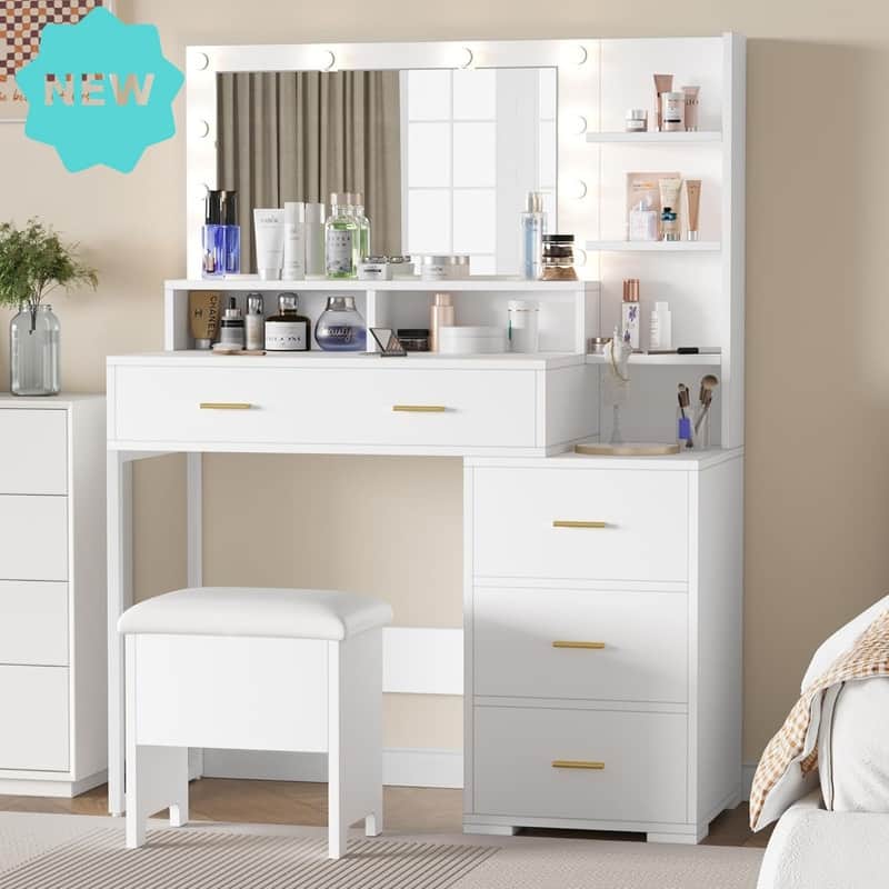 Vanity Desk with Mirror & 9 LED Lights - 5 Drawers and 3 Open Shelves - White