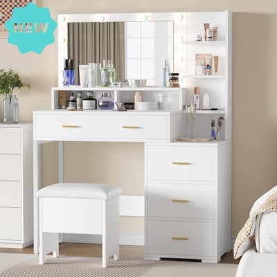 Vanity Desk with Mirror & 9 LED Lights - 5 Drawers and 3 Open Shelves