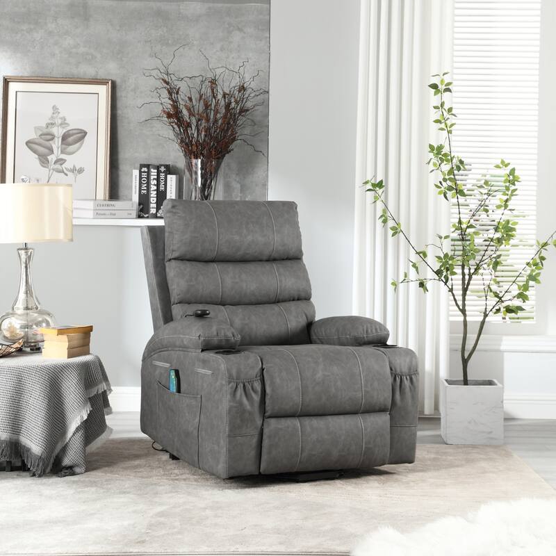Large Size Electric Power Lift Recliner Chair Sofa with 8 Point Vibration Massage and Lumber Heat - Grey